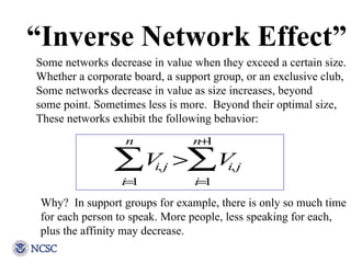 “ Inverse Network Effect” Some networks decrease in value when they exceed a certain size. Whether a corporate board, a su...