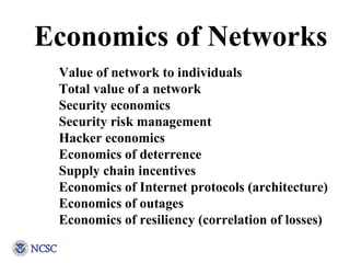 Economics of Networks Value of network to individuals Total value of a network Security economics Security risk management...