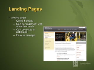 Landing Pages Landing pages Quick & cheap Can be “matched” with advertisements Can be tested & optimized Easy to manage 