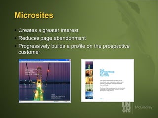 Microsites Creates a greater interest Reduces page abandonment Progressively builds a profile on the prospective customer 