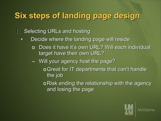 Six steps of landing page design Selecting URLs and hosting Decide where the landing page will reside Does it have it’s own URL? Will each individual target have their own URL? Will your agency host the page? Great for IT departments that can’t handle the job Risk ending the relationship with the agency and losing the page 