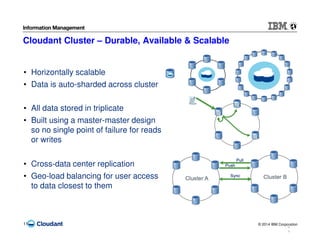 © 2014 IBM Corporation11
1
1
Cloudant Cluster – Durable, Available & Scalable
• Horizontally scalable
• Data is auto-sharded across cluster
• All data stored in triplicate
• Built using a master-master design
so no single point of failure for reads
or writes
• Cross-data center replication
• Geo-load balancing for user access
to data closest to them
 