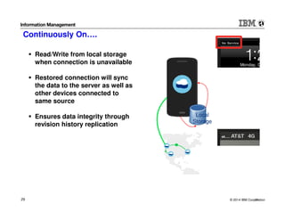 © 2014 IBM Corporation29 29
Local
Storage
Read/Write from local storage
when connection is unavailable
Restored connection will sync
the data to the server as well as
other devices connected to
same source
Ensures data integrity through
revision history replication
Continuously On….
 