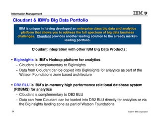 © 2014 IBM Corporation34
Cloudant & IBM’s Big Data Portfolio
IBM is unique in having developed an enterprise class big data and analytics
platform that allows you to address the full spectrum of big data business
challenges. Cloudant provides another leading solution to the already market-
leading portfolio.
Cloudant integration with other IBM Big Data Products:
BigInsights is IBM’s Hadoop platform for analytics
− Cloudant is complementary to BigInsights
− Data from Cloudant can be copied into BigInsights for analytics as part of the
Watson Foundations zone based architecture
DB2 BLU is IBM’s in-memory high performance relational database system
(RDBMS) for analytics
− Cloudant is complementary to DB2 BLU
− Data can from Cloudant can be loaded into DB2 BLU directly for analytics or via
the BigInsights landing zone as part of Watson Foundations
 