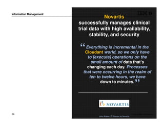 © 2014 IBM Corporation39
Novartis
successfully manages clinical
trial data with high availability,
stability, and security
John Walker, IT Director for Novartis
“Everything is incremental in the
Cloudant world, so we only have
to [execute] operations on the
small amount of data that’s
changing each day. Processes
that were occurring in the realm of
ten to twelve hours, we have
down to minutes.
”
 