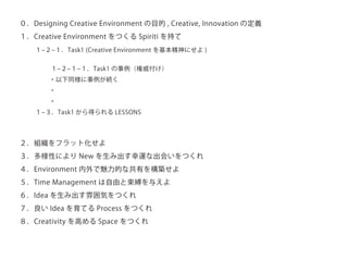 ０．Designing Creative Environment の目的 , Creative, Innovation の定義
１．Creative Environment をつくる Spiriti を持て
１‒２‒１．Task1 (Creative Environment を基本精神にせよ )
１‒２‒１‒１．Task1 の事例（権威付け）
・以下同様に事例が続く
・
・
１‒３．Task1 から得られる LESSONS
２．組織をフラット化せよ
３．多様性により New を生み出す幸運な出会いをつくれ
４．Environment 内外で魅力的な共有を構築せよ
５．Time Management は自由と束縛を与えよ
６．Idea を生み出す雰囲気をつくれ
７．良い Idea を育てる Process をつくれ
８．Creativity を高める Space をつくれ
 