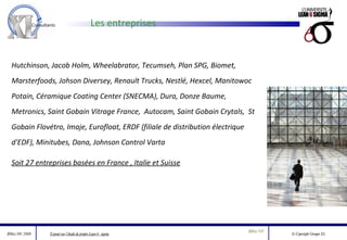 Les entreprises Hutchinson, Jacob Holm, Wheelabrator, Tecumseh, Plan SPG, Biomet, Marsterfoods, Johson Diversey, Renault Trucks, Nestlé, Hexcel, Manitowoc Potain, Céramique Coating Center (SNECMA), Dura, Donze Baume, Metronics, Saint Gobain Vitrage France,  Autocam, Saint Gobain Crytals,  St Gobain Flovétro, Imaje, Eurofloat, ERDF (filiale de distribution électrique d'EDF), Minitubes, Dana, Johnson Control Varta Soit 27 entreprises basées en France , Italie et Suisse 