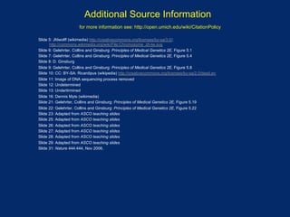 Additional Source Information
                        for more information see: http://open.umich.edu/wiki/CitationPolicy

	

Slide 5: Jfdwolff (wikimedia) http://creativecommons.org/licenses/by-sa/3.0/;
       http://commons.wikimedia.org/wiki/File:Chromosome_zh-tw.svg
 Slide 6: Gelehrter, Collins and Ginsburg: Principles of Medical Genetics 2E, Figure 5.1
 Slide 7: Gelehrter, Collins and Ginsburg: Principles of Medical Genetics 2E, Figure 5.4
 Slide 8: D. Ginsburg
 Slide 9: Gelehrter, Collins and Ginsburg: Principles of Medical Genetics 2E, Figure 5.8
 Slide 10: CC: BY-SA: Ricardipus (wikipedia) http://creativecommons.org/licenses/by-sa/2.0/deed.en
 Slide 11: Image of DNA sequencing process removed
 Slide 12: Undetermined
 Slide 13: Undertirmined
 Slide 16: Dennis Myts (wikimedia)
 Slide 21: Gelehrter, Collins and Ginsburg: Principles of Medical Genetics 2E, Figure 5.19
 Slide 22: Gelehrter, Collins and Ginsburg: Principles of Medical Genetics 2E, Figure 5.22
 Slide 23: Adapted from ASCO teaching slides
 Slide 25: Adapted from ASCO teaching slides
 Slide 26: Adapted from ASCO teaching slides
 Slide 27: Adapted from ASCO teaching slides
 Slide 28: Adapted from ASCO teaching slides
 Slide 29: Adapted from ASCO teaching slides
 Slide 31: Nature 444:444, Nov 2006.
 