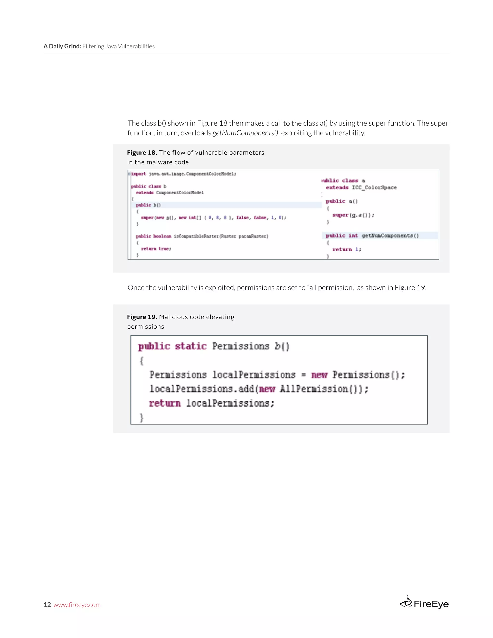 12 www.fireeye.com
A Daily Grind: Filtering Java Vulnerabilities
The class b() shown in Figure 18 then makes a call to the class a() by using the super function. The super
function, in turn, overloads getNumComponents(), exploiting the vulnerability.
Figure 18. The flow of vulnerable parameters
in the malware code
Once the vulnerability is exploited, permissions are set to “all permission,” as shown in Figure 19.
Figure 19. Malicious code elevating
permissions
 