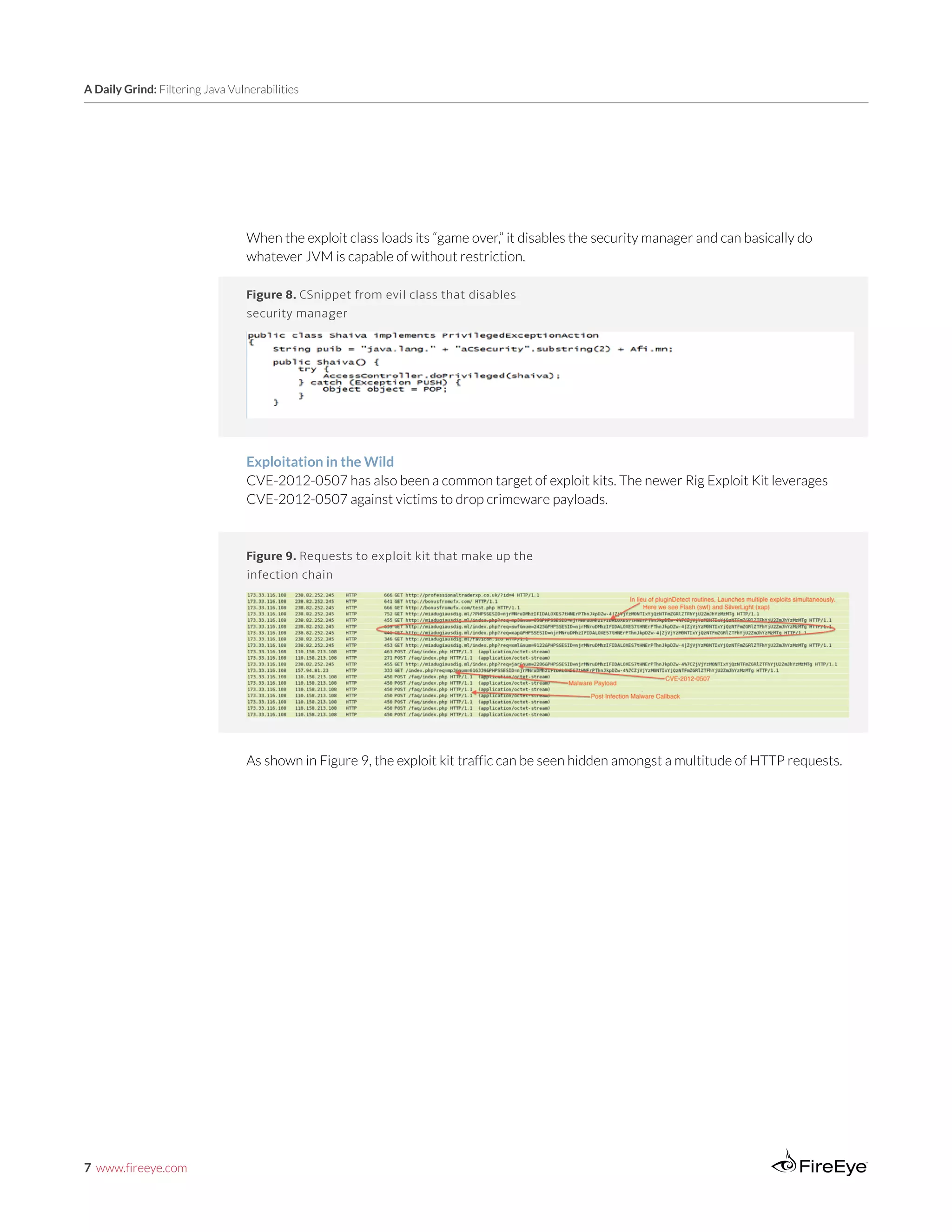 7 www.fireeye.com
A Daily Grind: Filtering Java Vulnerabilities
When the exploit class loads its “game over,” it disables the security manager and can basically do
whatever JVM is capable of without restriction.
Figure 8. CSnippet from evil class that disables
security manager
Exploitation in the Wild
CVE-2012-0507 has also been a common target of exploit kits. The newer Rig Exploit Kit leverages
CVE-2012-0507 against victims to drop crimeware payloads.
Figure 9. Requests to exploit kit that make up the
infection chain
As shown in Figure 9, the exploit kit traffic can be seen hidden amongst a multitude of HTTP requests.
 