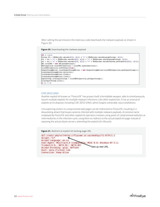 13 www.fireeye.com
A Daily Grind: Filtering Java Vulnerabilities
Figure 21. Redirect to exploit kit landing page URL
After setting the permissions the malicious code downloads the malware payload, as shown in
Figure 20.
Figure 20. Downloading the malware payload
CVE-2013-2465
Another exploit kit known as “Fiesta EK” has proven itself a formidable weapon, able to simultaneously
launch multiple exploits for multiple malware infections. Like other exploit kits, it has an arsenal of
exploits at its disposal, including CVE-2013-2465, which targets vulnerable Java installations.
Unsuspecting visitors to compromised web pages can be redirected to Fiesta EK, resulting in a
devastating attack that leaves systems infected with multiple malware payloads. A common tactic
employed by Fiesta EK and other exploit kit operators involves using pools of compromised websites as
intermediaries in the infection cycle, using them to redirect to the actual exploit kit page instead of
exposing the actual attack servers, extending the exploit kit’s lifecycle.
 