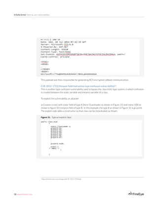 18 www.fireeye.com
A Daily Grind: Filtering Java Vulnerabilities
This payload was then responsible for generating RC4 encrypted callback communication.
CVE-2012-1723 (Hotspot field instruction type confusion vulnerability)[1]
This is another type confusion vulnerability used to bypass the Java static type system, in which confusion
is created between the static variable and instance variable of a class.
To exploit this vulnerability, an attacker:
a) Creates a class with static field of type A (here CLassloader as shown in Figure 31) and many (100 as
shown in figure 32) instance field of type B. In this example, the type B as shown in Figure 31 is gruzchik.
The exploit code adds a constructor so that class can be instantiated, as shown.
Figure 31: Typical exploit class
1
http://schierlm.users.sourceforge.net/CVE-2012-1723.html
 