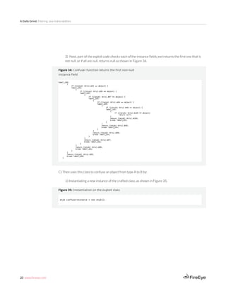 20 www.fireeye.com
A Daily Grind: Filtering Java Vulnerabilities
Figure 35: Instantiation on the exploit class
Figure 34: Confuser function returns the first non-null
instance field
3) Next, part of the exploit code checks each of the instance fields and returns the first one that is
not null, or if all are null, returns null as shown in Figure 34.
C) Then uses this class to confuse an object from type A to B by:
1) Instantiating a new instance of the crafted class, as shown in Figure 35.
 