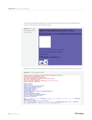 24 www.fireeye.com
A Daily Grind: Filtering Java Vulnerabilities
Figure 43: Jar file being downloaded
Figure 42: Rendered
landing page HTML in
victim browser
Behind the scenes, as shown in Figure 43 the malicious Jar file exploiting CVE-2012-1723 was loaded.
The resulting html displays evidence of a malicious site. By this point the CPU has hit 100% and the
browser is executing the next stage of the attack.
 