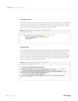 29 www.fireeye.com
A Daily Grind: Filtering Java Vulnerabilities
Figure 52: New instance of a class is being created once the
constructor for the class is retrieved
Figure 51: New instance of a class is created once the constructor
for the class is retrieved
Create New Instances
This function creates a new instance of the class represented by this Class object. The class is instantiated
as though it is a new expression with an empty argument list. The class is initialized if it wasn’t already.
Figure 51 shows how the Contructor of a class hidden inside the ClassName variable is first retrieved,
then used to create a new instance with the newInstance reflection method.
Invoke Functions
This function invokes the underlying method represented by this Method object, on the specified object
with the specified parameters. Individual parameters are automatically unwrapped to match primitive
formal parameters, and both primitive and reference parameters are subject to method invocation
conversions as necessary. Figure 52 shows invocation of “lookup” method using the reflection API. First
access to class object of “java.lang.invoke.MethodHandles” class is obtained using the Class.forName()
function, followed by a call to the getMethod() function to get access to the “lookup” method. Then the
Invoke function is used to invoke the “lookup” method.
 