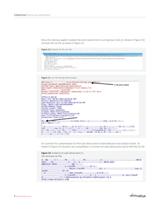 9 www.fireeye.com
A Daily Grind: Filtering Java Vulnerabilities
Figure 13. Jar file being downloaded
Figure 12. Details of the Jar file
Once the malicious applet is loaded, the victim system that is running Java 1.6.0_16 (shown in Figure 12)
retrieves the Jar file, as shown in Figure 13.
It is common for a downloaded Jar file to be obfuscated to make detection and analysis harder. As
shown in Figure 14, attackers are using Allatori, a commercial code obfuscation tool to hide the Jar file.
Figure 14. Evidence of code obfuscation in
the retrieved Jar file
 