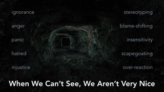 When We Can’t See, We Aren’t Very Nice
ignorance
anger blame-shifting
scapegoating
injustice
hatred
insensitivitypanic
over-reaction
stereotyping
 