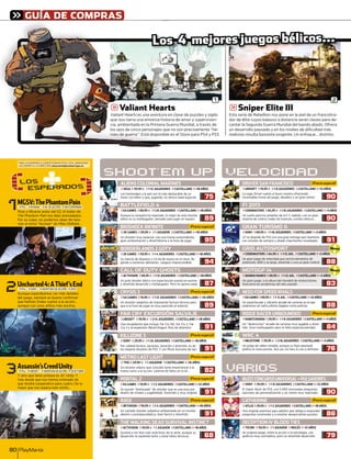 GUÍA DE COMPRAS
PlayManía80
FAR CRY EXCURSIÓN SALVAJE
91
NOTA
»UBISOFT »39,95 7 »2-14 JUGADORES »CASTELLANO »+18 AÑOS
Una recopilación que incluye Far Cry HD, Far Cry 2, Far
Cry 3 y la expansión3 Blood Dragon. Ríos de diversión.
THE WALKING DEAD SURVIVAL INSTINCT
68
NOTA
»ACTIVISION »59,95 7 »1 JUGADOR »CASTELLANO »+18 AÑOS
Gustará a los fans más acérrimos de la serie, aunque su
desarrollo es bastante lento y tiene fallos técnicos.
SHOOT'EM UP
VARIOS
BUZZ!CONCURSOUNIVERSAL+PULSADORES
90
NOTA
»SONY »39,95 7 »1-8 JUGADORES »CASTELLANO »+12 AÑOS
El mejor Buzz! de PS3, con 5.000 renovadas preguntas,!
opciones de personalización y un online muy mejorado.
PORTAL 2
91
NOTA
»EA GAMES »19,95 7 »1-2 JUGADORES »CASTELLANO »+12 AÑOS
Un puzzle “disfrazado” de shooter que es una joya por
diseño de niveles y jugabilidad. Divertido y muy original.
¡Precio especial!
BORDERLANDS 2 GOTY
94
NOTA
»2K GAMES »59,95 7 »1-4 JUGADORES »CASTELLANO »+18 AÑOS
Su mezcla de disparos y rol da de nuevo en el clavo, lle-
gando a extremos delirantes. Juegazo imprescindible.
Un espectacular y vibrante arcade de carreras en el que
podremos ser tanto pilotos ilegales como policías.
NEED FOR SPEED RIVALS
»EA GAMES»69,957 »1- 6 JUG. »CASTELLANO »+12 AÑOS
88
NOTA
La saga Driver vuelve al buen camino ofreciendor
incontables horas de juego, desafíos y un gran online.
DRIVER SAN FRANCISCO
»UBISOFT »19,95 7 »1-8 JUGADORES »CASTELLANO »+12 AÑOS
90
NOTA
¡Precio especial!
Un variado shooter subjetivo ambientado en un mundo
abierto y postapocalíptico, bien hecho y divertido.
RAGE
»BETHESDAA »59,95 7 »1-4 JUGADORES »CASTELLANO »+18 AÑOS
91
NOTA
¡Precio especial!
Un “destructivo” arcade de carreras muy jugable y diver-
tido. Gran multijugador pero le falta espectacularidad.
RIDGE RACER UNBOUNDED
»NAMCO BANDAI»29,957 »1-8 JUGADORES »CASTELLANO »+3 AÑOS
84
NOTA
¡Precio especial!
Los homenajes a la peli son lo más destacable de un
título con fallos y que, jugando, no ofrece nada especial.
ALIENS COLONIAL MARINES
»SEGA »39,95 7 »1-12 JUGADORES »CASTELLANO »+18 AÑOS
75
NOTA
Un shooter atípico que concede tanta importancia a la
trama como a la acción. Lástima de fallos en la IA...
METRO LAST LIGHT
»THQ »29,95 7 »1 JUGADOR »CASTELLANO »+16 AÑOS
82
NOTA
Una original aventura para adultos que obliga a responder
preguntas incómodas y a resolver desquiciantes puzzles.
CATHERINE
»ATLUS»29,957 »1-2 JUGADORES »CASTELLANO »+18 AÑOS
86
NOTA
¡Precio especial!
Un shooter subjetivo de imponente factura técnica pero
que a la hora de jugar es muy parecido al anterior.
CRYSIS 3
»EA GAMES »19,95 7 »1-12 JUGADORES »CASTELLANO »+16 AÑOS
89
NOTA
¡Precio especial!
KILLZONE 3
91
NOTA
»SONY »29,95 7 »1-24 JUGADORES »CASTELLANO »+18 AÑOS
Por calidad técnica, opciones, duración y diversión, es de
los mejores shooters de PS3. Y con Move funciona de lujo.
¡Precio especial!
Un sueño para los amantes de la F-1: realista, con un gran
sistema de control, todas las licencias, coches clásicos...
F1 2013
»CODEMASTERS »64,95 7 »1-16 JUGADORES »CASTELLANO »+3 AÑOS
90
NOTA
Un juego de rallies notable, aunque su ﬂojo apartado
gráﬁco le resta puntos. Aún así, los fans lo van a disfrutar.
WRC 4
»MILESTONE »39,95 7 »2-16 JUGADORES »CASTELLANO »+3 AÑOS
76
NOTA
GT se despide de PS3 con una gran entrega que mantieneT
sus virtudes de siempre y añade importantes novedades.
GRAN TURISMO 6
»SONY »69,95 7 »1-16 JUGADORES »CASTELLANO »+3 AÑOS
91
NOTA
Aunque la campaña ha mejorado, lo mejor de este shooter
bélico es su multijugador, pensado para jugar en equipo.
BATTLEFIELD 4
»EA GAMES »69,95 7 »1-24 JUGADORES »CASTELLANO »+18 AÑOS
89
NOTA
Un gran shooter bélico con espectacular puesta en escena
y divertido desarrollo y multijugador. Pero no aporta nada.
CALL OF DUTY GHOSTS
»ACTIVISION »69,95 7 »1-12 JUGADORES »CASTELLANO »+18 AÑOS
87
NOTA
Un shooter muy especial, con una trama sorprendente,
gran ambientación y divertidísimo a la hora de jugar.
BIOSHOCK INFINITE
»2K GAMES »29,95 7 »1 JUGADOR »CASTELLANO »+18 AÑOS
95
NOTA
¡Precio especial!
¡Precio especial!
VELOCIDAD
Un original juego, entre la acción y la estrategia, con
gráﬁcos muy normalitos, pero un divertido desarrollo.
DECEPTION IV BLOOD TIES
»TECMO »59,95 7 »1 JUGADOR »INGLÉS »+12 AÑOS
79
NOTA
g ts
en clave de puzzles y sigilo
oria de amor y superviven-
Guerra Mundial, a través de
e no son precisamente “hé-
e en el Store para PS4 y PS3.
1
gSniper Elite III
Esta serie de Rebellion nos pone en la piel de un francotira-
dor de élite cuyos balazos a distancia serán claves para de-
cantar la Segunda Guerra Mundial del bando aliado. Ofrece
un desarrollo pausado y en los niveles de dificultad más
realistas resulta bastante exigente. Un enfoque... distinto.
2
Los 4 mejores juegos bélicossss...
)+(LOSL
ESPERADOSSPERA
1MGSV:ThePhantomPain
»PS4 »KONAMI » ÓAV. DE ACCIÓN »SIN CONFIRMAR
Pese a filtrarse antes del E3, el trailer de
The Phantom Pain nos dejó anonadados.n
Por su culpa, no podemos dejar de tara-
rear el tema “Nuclear” de Mike Oldfield...
2Uncharted4:AThief’sEnd
»PS4 »SONY » ÓAVENTURA DE ACCIÓN »2015
Aunque esperábamos ver más detalles
del juego, siempre es bueno confirmar
que Nathan Drake vuelve a la acción...
aunque con unos añitos más encima.
3Assassin’sCreedUnityy
»PS4 »UBISOFT »AVENTURADEACCIÓN »28OCTUBRE
Y otro que tiene pintaza es AC Unity. Yy
más desde que nos hemos enterado de
que tendrá cooperativo para cuatro. De lo
mejor que nos espera este otoño...
PARA AYUDARNOS A CONFECCIONAR ESTA LISTA, MÁNDANOS
UN CORREO A LA DIRECCIÓN: playmania@axelspringer.es
Un gran juego de velocidad que recicla elementos de
anteriores GRiD y es largo, divertido y con un gran control.D
Un gran juego, a la altura del mundial de motociclismo.
Soluciona los problemas del año pasado.
GRID AUTOSPORT
MOTOGP 14
»CODEMASTERS »64,95 7 »1-12 JUG. »CASTELLANO »+3 AÑOS
»BANDAI NAMCO »69,95 7 »1-12 JUG. »CASTELLANO »+3 AÑOS
88
NOTA
83
NOTA
!¡Nuevo!
!!
!¡Nuevo!
!!
art
ura e
histo
ra G
que
nible
ÍGUÍA DE COMPRAS
oooossosososos
gValiant Hea
Valiant Hearts es una aventus
que nos narra una emotiva h
cia, ambientada en la Primer
los ojos de cinco personajes
roes de guerra”. Está dispon
LLLLLLLLLooooo
 