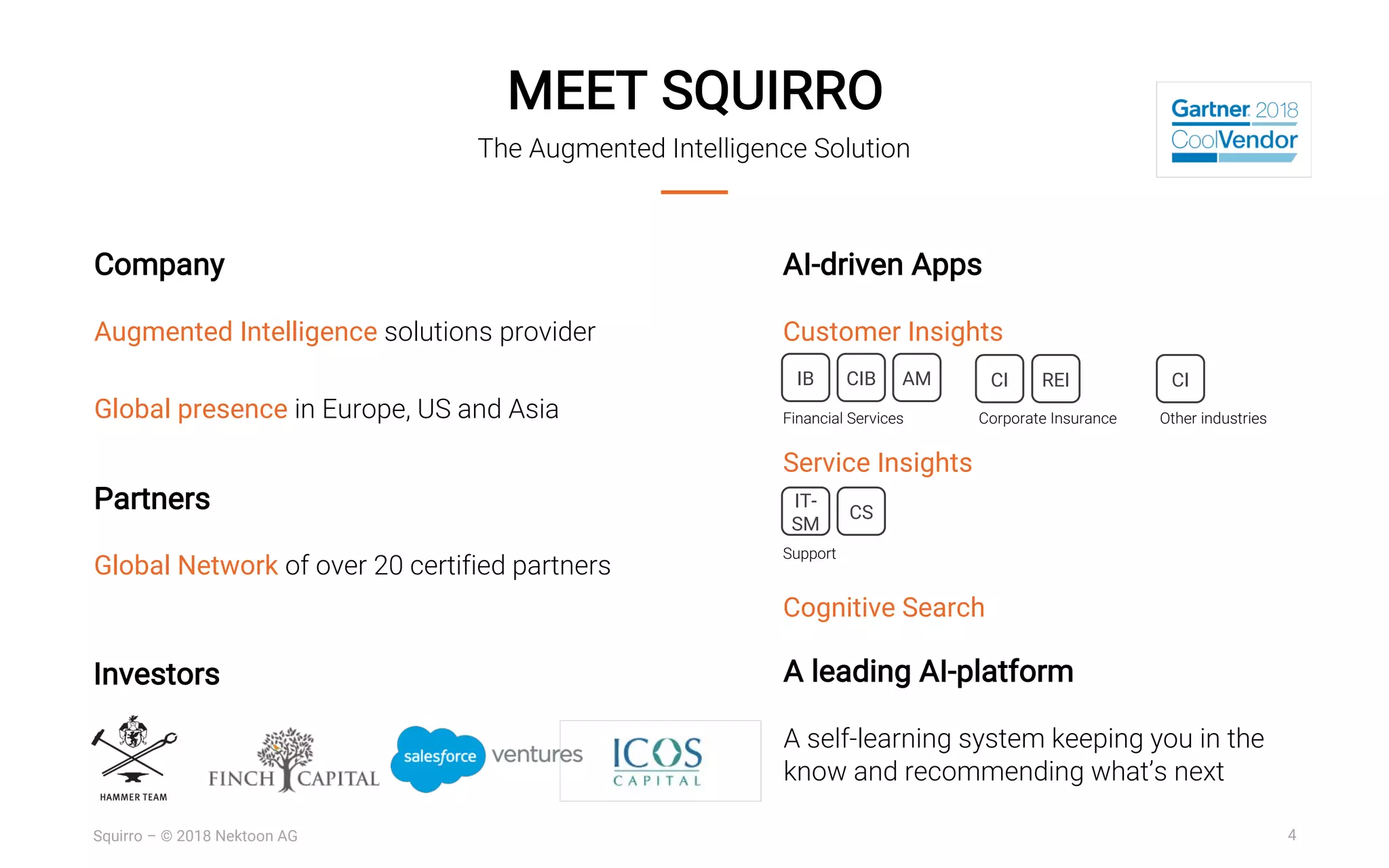 4Squirro – © 2018 Nektoon AG
MEET SQUIRRO
The Augmented Intelligence Solution
A leading AI-platform
A self-learning system keeping you in the
know and recommending what’s next
AI-driven Apps
Customer Insights
Financial Services Corporate Insurance Other industries
Service Insights
Support
Cognitive Search
Investors
Company
Augmented Intelligence solutions provider
Global presence in Europe, US and Asia
Partners
Global Network of over 20 certified partners
IB CIB AM CI REI
IT-
SM
CS
CI
 