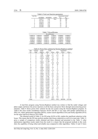  ISSN: 2088-8708
Int J Elec & Comp Eng, Vol. 12, No. 3, June 2022: 2228-2241
2236
Table 6. Fuel cost function parameters
Unit No. Generation Limits
a($/MWh) b($/MWh) c ($/h) Pmin Pmax
1 0.00375 2.00 Zero 50 200
2 0.01750 1.75 20 80
3 0.06250 1.00 15 50
4 0.00834 3.25 10 35
5 0.02500 3.00 10 30
6 0.02500 3.00 12 40
Table 7. B-coefficients
B-coefficients=
0.000218 0.000103 0.000009 -0.00010 0.000002 0.000027
0.000103 0.000181 0.000004 -0.000015 0.000002 0.000030
0.000009 0.000004 0.000417 -0.000131 -0.000153 -0.000107
-0.00010 -0.000015 -0.000131 0.000221 0.000094 0.000050
0.000002 0.000002 -0.000153 0.000094 0.000243 -0.00000
0.000027 0.000030 -0.000107 0.000050 -0.00000 0.000358
Table 8. Power flow solution by Newton-Raphson method
Bus Voltage Angle Load Generation
No. Mag. Degree MW Mvar MW Mvar Mvar
1 1 1.06 0 0 0 0 0
2 2 1.043 -5.4969 21.7 12.7 40 0
3 0 1.0215 -8.004 2.4 1.2 0 0
4 0 1.0129 -9.6615 7.6 1.6 0 0
5 2 1.01 -14.381 94.2 19 0 0
6 0 1.0121 -11.398 0 0 0 0
7 0 1.0034 -13.15 22.8 10.9 0 0
8 2 1.01 -12.115 30 30 0 0
9 0 1.051 -14.434 0 0 0 0
10 0 1.0444 -16.024 5.8 2 0 0
11 2 1.082 -14.434 0 0 0 0
12 0 1.0574 -15.302 11.2 7.5 0 0
13 2 1.071 -15.302 0 0 0 0
14 0 1.0424 -16.191 6.2 1.6 0 0
15 0 1.0378 -16.278 8.2 2.5 0 0
16 0 1.0447 -15.88 3.5 1.8 0 0
17 0 1.0391 -16.188 9 5.8 0 0
18 0 1.0279 -16.884 3.2 0.9 0 0
19 0 1.0253 -17.052 9.5 3.4 0 0
20 0 1.0293 -16.852 2.2 0.7 0 0
21 0 1.0321 -16.468 17.5 11.2 0 0
22 0 1.0327 -16.455 0 0 0 0
23 0 1.0272 -16.662 3.2 1.6 0 0
24 0 1.0216 -16.83 8.7 6.7 0 0
25 0 1.0189 -16.424 0 0 0 0
26 0 1.0012 -16.842 3.5 2.3 0 0
27 0 1.0257 -15.912 0 0 0 0
28 0 1.0107 -12.057 0 0 0 0
29 0 1.0059 -17.136 2.4 0.9 0 0
30 0 0.9945 -18.015 10.6 1.9 0 0
Total 283.4 126.2 300.998 125.144
A load flow program using Newton-Raphson method was written to find the nodal voltages and
phase angles and hence the power injection at all the buses and power flows through interconnecting power
channels. Table 8 shows power flow solution for the test system using the Newton-Raphson program. In
Table 8 the close results resemblance between ALOA and BA is very clear with another optimization as
PSO, GA, whale optimization algorithm (WOA), cuckoo search algorithm (CSA) and firefly algorithm (FFA)
for the same load level when pd=283.4 MW.
The obtained results in Table 11 for ED using ALOA or BA, explain the significant reduction in the
losses. This means that the ED may perform another task (losses reduction) as well as its main task. Table 11
gives a sample of comparison results obtained and those obtained and presented in the Table 11 other
optimization algorithms results match from the result it is clearer that the proposed methods in this work
show the capability of being robust and reliable ones compared to other algorithms. Tables 12 and 13 show
 