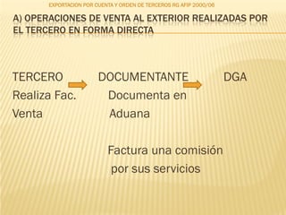 EXPORTACION POR CUENTA Y ORDEN DE TERCEROS RG AFIP 2000/06

A) OPERACIONES DE VENTA AL EXTERIOR REALIZADAS POR
EL TERCERO EN FORMA DIRECTA



TERCERO                 DOCUMENTANTE                                DGA
Realiza Fac.             Documenta en
Venta                    Aduana

                           Factura una comisión
                            por sus servicios
 