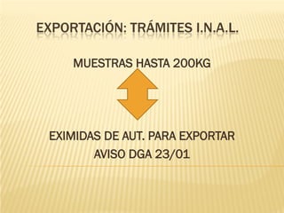 EXPORTACIÓN: TRÁMITES I.N.A.L.

     MUESTRAS HASTA 200KG




 EXIMIDAS DE AUT. PARA EXPORTAR
        AVISO DGA 23/01
 