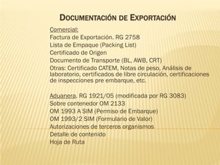 DOCUMENTACIÓN DE EXPORTACIÓN
Comercial:
Factura de Exportación. RG 2758
Lista de Empaque (Packing List)
Certificado de Origen
Documento de Transporte (BL, AWB, CRT)
Otras: Certificado CATEM, Notas de peso, Análisis de
laboratorio, certificados de libre circulación, certificaciones
de inspecciones pre embarque, etc.

Aduanera. RG 1921/05 (modificada por RG 3083)
Sobre contenedor OM 2133
OM 1993 A SIM (Permiso de Embarque)
OM 1993/2 SIM (Formulario de Valor)
Autorizaciones de terceros organismos
Detalle de contenido
Hoja de Ruta
 