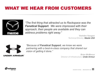 WHAT WE HEAR FROM CUSTOMERS


      “The first thing that attracted us to Rackspace was the
      Fanatical Support. We were impressed with their
      approach, their people are available and they can
      address problems right away.”
                                                          Vashdev Vangani
                                             Technical Director, Mazda USA


      “Because of Fanatical Support, we knew we were
      partnering with a best-in-class company that shared our
      vision of getting it done.”
                                                              Brian McManus
                                     Director of Infrastructure, Under Armour




                                                   RACKSPACE® HOSTING   |   WWW.RACKSPACE.COM
                                                                                                5
 