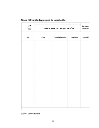 77
Figura 23 Formato de programa de capacitación
PROGRAMA DE CAPACITACION
Recursos
Humanos
Mes Curso Personal a Capacitar Capacitador ¿Efectuado?
Autor: Dennis Rivera
PROGRAMA DE CAPACITACIÓN
 