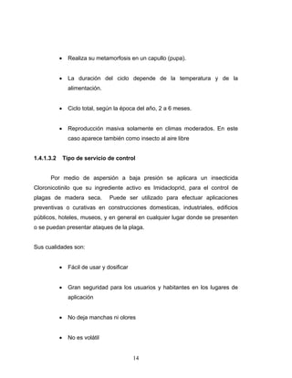 14
• Realiza su metamorfosis en un capullo (pupa).
• La duración del ciclo depende de la temperatura y de la
alimentación.
• Ciclo total, según la época del año, 2 a 6 meses.
• Reproducción masiva solamente en climas moderados. En este
caso aparece también como insecto al aire libre
1.4.1.3.2 Tipo de servicio de control
Por medio de aspersión a baja presión se aplicara un insecticida
Cloronicotinilo que su ingrediente activo es Imidacloprid, para el control de
plagas de madera seca. Puede ser utilizado para efectuar aplicaciones
preventivas o curativas en construcciones domesticas, industriales, edificios
públicos, hoteles, museos, y en general en cualquier lugar donde se presenten
o se puedan presentar ataques de la plaga.
Sus cualidades son:
• Fácil de usar y dosificar
• Gran seguridad para los usuarios y habitantes en los lugares de
aplicación
• No deja manchas ni olores
• No es volátil
 