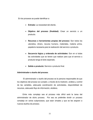 33
En los procesos se puede identificar a:
• Entrada: La necesidad del cliente.
• Objetivo del proceso (finalidad): Crear un servicio o un
producto.
• Recursos o herramientas propias del proceso: Son todos los
utensilios, dinero, recurso humano, materiales, materia prima,
papelería necesaria para la realización del servicio o producto.
• Secuencia lógica y ordenada de actividades: Son en si todas
las actividades que se tienen que realizar para que el servicio o
producto tenga el éxito esperado.
• Salida o producto: Servicio o producto final.
Administrador o dueño del proceso
El administrador o dueño del proceso es la persona responsable de que
los objetivos del proceso se cumplan, a través de la medición, análisis y control
de las variables, adecuada coordinación de actividades, disponibilidad de
recursos, adecuado flujo de información, etcétera.
Entre más complejo sea el proceso más difícil será la tarea del
administrador de dicho proceso. Por eso es preferible dividir un proceso
complejo en varios subprocesos, que sean simples y que se les asignen a
nuevos dueños de proceso.
 