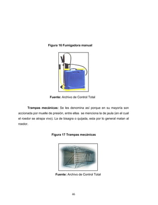 46
Figura 16 Fumigadora manual
Fuente: Archivo de Control Total
Trampas mecánicas: Se les denomina así porque en su mayoría son
accionada por muelle de presión, entre ellas se menciona la de jaula (en el cual
el roedor se atrapa vivo). La de bisagra o quijada, esta por lo general matan al
roedor.
Figura 17 Trampas mecánicas
Fuente: Archivo de Control Total
 