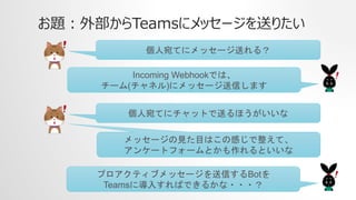 Incoming WebhookǤϡ
`(ͥ)˥å`Ťޤ
Ƥ˥åȤͤۤ
å`ҊĿϤθФơ
󥱩`ȥե`ȤȤ
}ⲿTeams˥å`ͤꤿ
Ƥ˥å`ͤ룿
ץƥ֥å`ŤBot
Teamsˌ뤹ФǤ뤫???
 