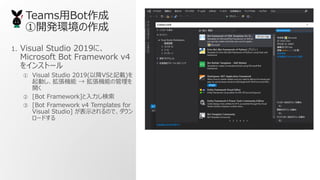 TeamsBot
_kh
1. Visual Studio 2019ˡ
Microsoft Bot Framework v4
򥤥󥹥ȩ`
 Visual Studio 2019(ԽVSӛd)
ӤC  Cܤι
_
 [Bot Framework]
 [Bot Framework v4 Templates for
Visual Studio] ʾΤǡ
`ɤ
 
