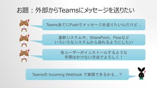 }ⲿTeams˥å`ͤꤿ
TeamsƤPushǥå`ͤꤿɡ
֥ƥ䡢SharePointFlowʤ
ʥƥफͤ褦ˤ
``󥹥ȩ`뤹褦
gϤʤǤ
Teams Incoming Webhook ǌg֤Ǥ뤫⡭
 