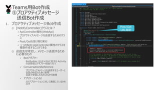TeamsBot
ݥץƥ֥å`
Bot
1. ץƥ֥å`Bot
 [NotifyController]饹Ȥϣ
? ApiController(WebApi)
? ץƥ֥å`Ť뤿Υ

? Post/Getܤȡg
? ĤBotApiControllerԤΥ饹
}ɤ뤳ȤǤ
 Ȥضå`Ť뤿
˱Ҫʤ
? Botץ`
BotBuilder ͥˌ Activity
Ťϥץ`UɤФ
? ConversationReference
ץƥ֥å`Ť``
ԒضΤʹ
ԒŤActivityȡ
? ץꥱ`Id
ɤΥץꥱ`ˌͨŤƤ뤫
ʾ
Post/Get
URLָ
 