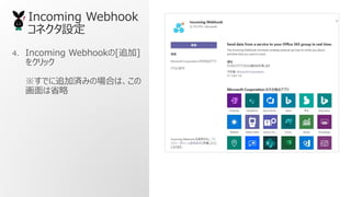 4. Incoming Webhook[׷]
򥯥å
Ǥ׷ӜgߤΈϤϡ
ʡ
Incoming Webhook
ͥO
 