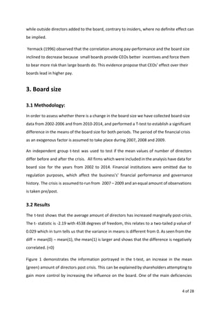 while outside directors added to the board, contrary to insiders, where no definite effect can
be implied.
Yermack (1996) observed that the correlation among pay-performance and the board size
inclined to decrease because small boards provide CEOs better incentives and force them
to bear more risk than large boards do. This evidence propose that CEOs’ effect over their
boards lead in higher pay.
3. Board size
3.1 Methodology:
In order to assess whether there is a change in the board size we have collected board-size
data from 2002-2006 and from 2010-2014, and performed a T-test to establish a significant
difference in the means of the board size for both periods. The period of the financial crisis
as an exogenous factor is assumed to take place during 2007, 2008 and 2009.
An independent group t-test was used to test if the mean values of number of directors
differ before and after the crisis. All firms which were included in the analysis have data for
board size for the years from 2002 to 2014. Financial institutions were omitted due to
regulation purposes, which affect the business's’ financial performance and governance
history. The crisis is assumed to run from 2007 – 2009 and an equal amount of observations
is taken pre/post.
3.2 Results
The t-test shows that the average amount of directors has increased marginally post-crisis.
The t- statistic is -2.19 with 4538 degrees of freedom, this relates to a two-tailed p value of
0.029 which in turn tells us that the variance in means is different from 0. As seen from the
diff = mean(0) – mean(1), the mean(1) is larger and shows that the difference is negatively
correlated. (<0)
Figure 1 demonstrates the information portrayed in the t-test, an increase in the mean
(green) amount of directors post crisis. This can be explained by shareholders attempting to
gain more control by increasing the influence on the board. One of the main deficiencies
4 of 28
 