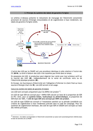 www.cwape.be

Version du 31/01/2008

3. Principe du système des labels de garantie d’origine
Le schéma ci-dessous présente le mécanisme de marquage de l’électricité consommée
provenant de sources d’énergie renouvelables et de cogénération à haut rendement, les
labels de garantie d’origine (LGO).

Organismes
de contrôle
agréés
(P > 10 kW)

Producteurs
(SER et/ou cogen)
certifiés

Marché européen
des LGO

Fuel mix 2008 : proportion des sources d'énergie
- Sources d'énergie renouvelables (SER)
- Cogénération à haut rendement (Cogen)
- Autres

Fournisseurs / GR

Clients finals

Producteurs
non certifiés
Marché de l'électricité

L’octroi des LGO par la CWaPE suit une procédure identique à celle relative à l’octroi des
CV (
). Le droit d’obtenir des LGO n’est toutefois pas limité dans le temps.
En possession de LGO, le producteur peut négocier leur vente avec tout acheteur actif sur
le marché des LGO ( ), indépendamment de la vente de certificats verts ou de
l’électricité physique produite ( ).
En Europe, les fournisseurs d’électricité ont l’obligation d’informer le client final sur leurs
sources d’énergie (fuel mix ). Les LGO servent à cet usage.
Calcul du nombre de labels de garantie d’origine
Les LGO sont octroyés uniquement pour les MWhe net produit 10.
Un LGO de type SER est octroyé pour 1 MWhe-SER calculé sur base de la proportion de SER
en PCI. Ainsi, pour un système éolien, hydraulique ou photovoltaïque, la proportion de
SER étant de 100%, 1 LGO de type SER sera octroyé par MWh net produit.
Un LGO de type COGEN est octroyé si l’installation satisfait sur la période considérée aux
critères de cogénération à haut rendement précisés dans le code de comptage. Pour les
systèmes de cogénération biomasse, des LGO de type SER et COGEN sont octroyés sur base
des mêmes principes.

10

Attention : les labels correspondant à l’électricité consommée sur place sont automatiquement rédimés dans
la base de données de la CWaPE.

Page 7/19

 