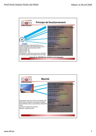 PHOTOVOLTAIQUE POUR LES PROS

Wépion, le 29 avril 2008

Principe de fonctionnement
•ELECTRABEL CUSTOMER SOLUTIONS sa
•ENDESA ENERGIA sa *
•ENECO ENERGIE *
•ENERGIE 2030 Agence sa
•E.ON BELGIUM sa *
•E.ON SALES & TRADING GmbH *
•ESSENT BELGIUM nv

Chaque fournisseur d’électricité doit fournir un
nombre de certificats verts proportionnel au quota
(fixé par arrêté) et à sa fourniture en MWh.
Quota en 2008 : 8%
Quota en 2009 : 9%
Quota en 2012 : 12%
Par exemple un fournisseur ayant fournit 1000 MWh
en 2008 doit apporter 80 certificats verts à la Cwape

•LAMPIRIS sa
•NUON BELGIUM nv
•REIBEL sa
•Fourniture par la division BELPOWER
•RENOGEN sa **
•SEVA sa ***
•SPE sa

Amende de 100 EUR par certificat vert manquant

Marché
•ELECTRABEL CUSTOMER SOLUTIONS sa
•ENDESA ENERGIA sa *
•ENECO ENERGIE *
•ENERGIE 2030 Agence sa
•E.ON BELGIUM sa *
•E.ON SALES & TRADING GmbH *
•ESSENT BELGIUM nv

Pour payer moins que le prix de l’amende (100
EUR) les fournisseurs vont essayer d’acheter
des certificats verts aux producteurs d’électricité
verte.
Le prix du marché est autour de
90 EUR /certificats verts.

www.ef4.be

•LAMPIRIS sa
•NUON BELGIUM nv
•REIBEL sa
•Fourniture par la division BELPOWER
•RENOGEN sa **
•SEVA sa ***
•SPE sa

7

 