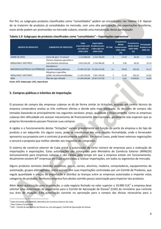 9
Por fim, os subgrupos produtos classificados como “consolidados” podem ser encontrados nas Tabelas 1.9. Apesar
de se tratarem de produtos já consolidados no mercado, com uma alta participação das exportações brasileiras,
esses ainda podem ser promovidos no mercado cubano, visando uma manutenção dessa participação.
Tabela 1.9- Subgrupos de produtos classificados como “consolidados” – Exportações expressivas
Fonte: GTIS. Elaboração: UICC, Apex-Brasil.
5. Compras públicas e trâmites de importação
O processo de compra das empresas cubanas se dá de forma similar às licitações, quando um comitê técnico da
empresa compradora analisa as três melhores ofertas e decide pela mais adequada. As decisões de compra são
tomadas baseando-se principalmente nas seguintes variáveis: preço, qualidade e financiamento. Como as empresas
cubanas têm dificuldade em acessar mecanismos de financiamento internacionais, geralmente elas esperam que os
próprios fornecedores possam financiar suas compras.
A rigidez e o funcionamento destas “licitações” variam grandemente em função do porte da empresa e do tipo de
produto a ser adquirido. Em alguns casos, pode se transformar em uma simples formalidade, onde o fornecedor
apresenta sua proposta com o contrato já praticamente assinado. Em outros casos, pode haver extensas negociações
e vencerá a proposta que melhor atender aos requisitos do comprador.
O sistema de comércio exterior de Cuba prevê a autorização de certo número de empresas para a realização de
importações e exportações. Estas autorizações são outorgadas pelo Ministério de Comércio Exterior (MINCEX)
exclusivamente para empresas cubanas e são válidas pelo tempo em que a empresa estiver em funcionamento.
Atualmente existem 876
empresas em Cuba autorizadas a realizar importações, em todos os segmentos de mercado.
Alguns produtos sensíveis (bebidas alcoólicas, pneus, carnes, alumínio, madeira, computadores, equipamentos de
automação, grupos eletrogêneos, entre outros) têm suas importações controladas por um Comitê de Produtos, que
regula quantidade e preços de importação e distribui as licenças entre as empresas autorizadas a importar estas
categorias de produtos. Nenhuma empresa fora destes comitês possui autorização para importar tais produtos.
Além desta autorização para importação, a cada negócio fechado no valor superior a 10.000 CUC7
a empresa deve
solicitar uma autorização de pagamento para o Comitê de Aprovação de Divisas8
(CAD) do ministério que controla
sua área de atuação. Esta autorização consiste na aprovação para a compra das divisas necessárias para o
6
Dado fornecido pelo MINCEX, Ministério do Comércio Exterior de Cuba
7
Peso Cubano Conversível
8
CAD – Comité de Aprobación de Divisas ou, em portugués, Comitê de Aprovação de Divisas
GRUPOS DE PRODUTOS SUBGRUPOS DE PRODUTOS
Valor
importado pelo
mercado em
2006 (U$S)
Exportações
Brasileiras para
o Mercado em
2006 (US$)
Nº SH6
Crescimento
Médio
Concorrentes
2003-2006
(%)
Crescimento
Médio Brasil
2003-2006
(%)
Participação
Brasileira em
2006 (%)
CARNE DE AVES Carne de peru "in natura" 2.123.860,00 1.514.766,00 2 -17,47 64,39 71,32
MÁQUINAS E MOTORES
Demais máquinas,aparelhos e
instrumentos mecânicos 6.810.582,00 2.256.986,00 8 5,85 66,50 33,14
MATERIAIS ELÉTRICO E ELETRÔNICOS
Geradores e
transformadores,elétricos 75.495.557,00 31.034.153,00 11 59,64 333,50 41,11
MÁQUINAS E MOTORES
Máquinas e aparelhos
p/fabr.ind.alimentos/bebidas 11.326.254,00 7.001.350,00 3 15,40 350,10 61,82
SOJA Óleo de soja refinado 31.394.649,00 10.657.537,00 1 -6,81 9.030,82 33,95
 
