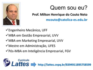 Quem sou eu?
Prof. Milton Henrique do Couto Neto
mcouto@catolica-es.edu.br
Engenheiro Mecânico, UFF
MBA em Gestão Empresarial, UVV
MBA em Marketing Empresarial, UVV
Mestre em Administração, UFES
Pós-MBA em Inteligência Empresarial, FGV

http://lattes.cnpq.br/8394911895758599

 