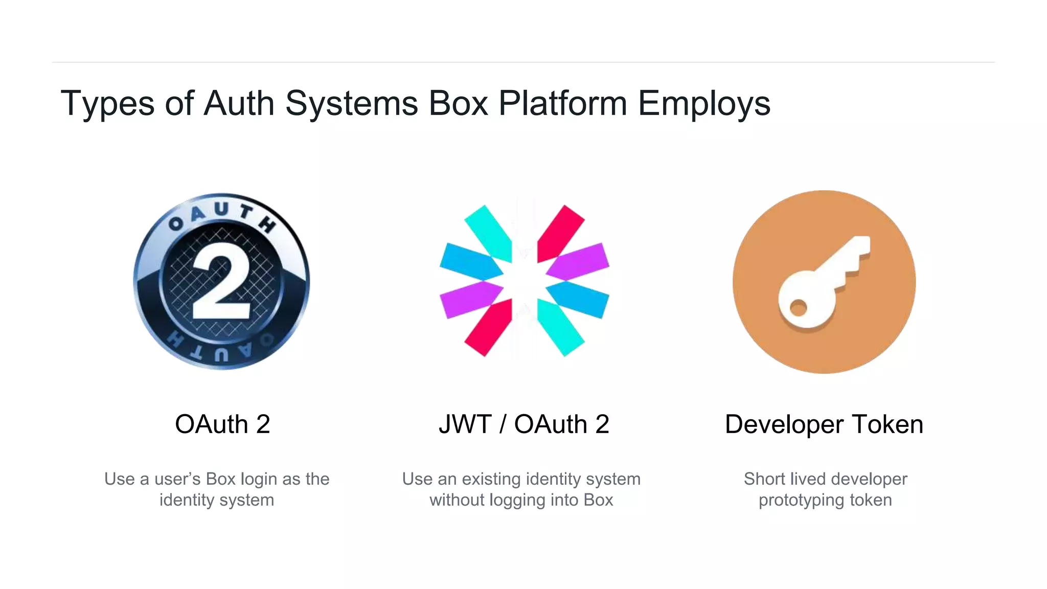 16Box Platform Developer Workshop
JWT / OAuth 2OAuth 2 Developer Token
Short lived developer
prototyping token
Use an existing identity system
without logging into Box
Use a user’s Box login as the
identity system
Types of Auth Systems Box Platform Employs
 