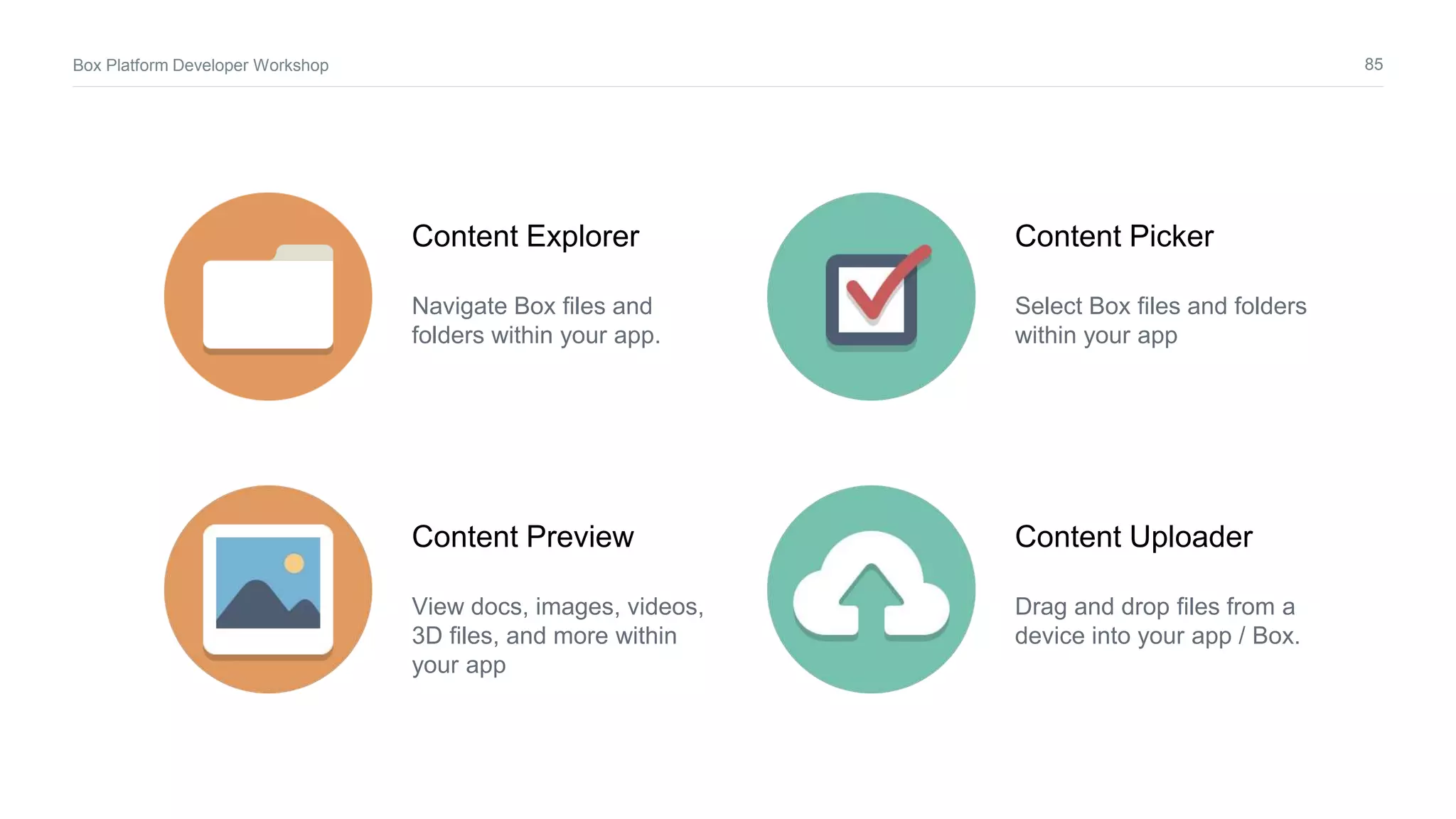 85Box Platform Developer Workshop
Content Explorer
Navigate Box files and
folders within your app.
Content Picker
Select Box files and folders
within your app
Content Preview
View docs, images, videos,
3D files, and more within
your app
Content Uploader
Drag and drop files from a
device into your app / Box.
 