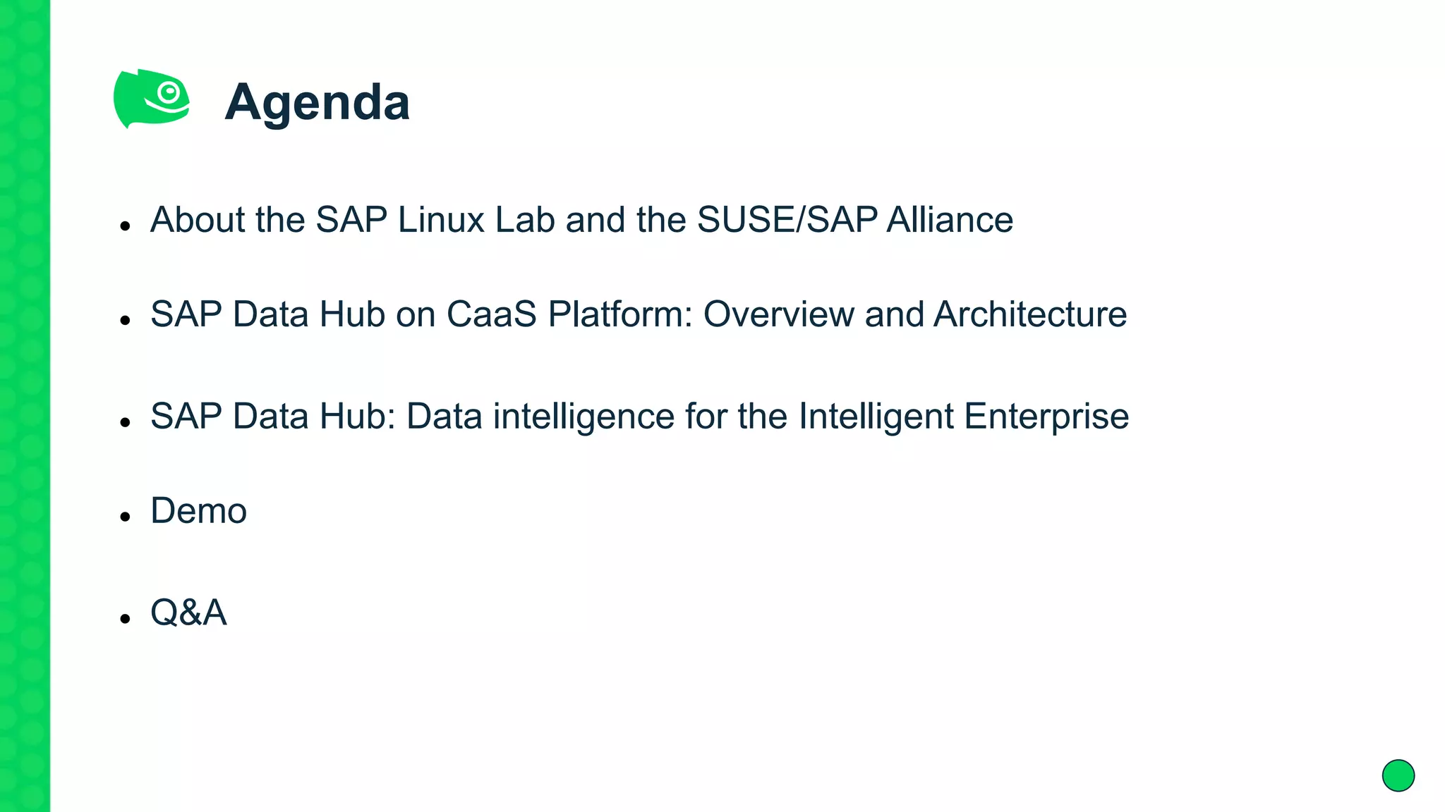 Agenda
 About the SAP Linux Lab and the SUSE/SAP Alliance
 SAP Data Hub on CaaS Platform: Overview and Architecture
 SAP Data Hub: Data intelligence for the Intelligent Enterprise
 Demo
 Q&A
 
