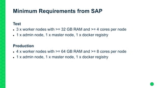 Minimum Requirements from SAP
Test
 3 x worker nodes with >= 32 GB RAM and >= 4 cores per node
 1 x admin node, 1 x master node, 1 x docker registry
Production
 4 x worker nodes with >= 64 GB RAM and >= 8 cores per node
 1 x admin node, 1 x master node, 1 x docker registry
 