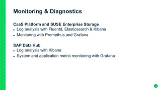 Monitoring & Diagnostics
CaaS Platform and SUSE Enterprise Storage
 Log analysis with Fluentd, Elasticsearch & Kibana
 Monitoring with Promethus and Grafana
SAP Data Hub
 Log analysis with Kibana
 System and application metric monitoring with Grafana
 