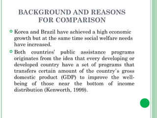 BACKGROUND AND REASONS 
FOR COMPARISON 
 Korea and Brazil have achieved a high economic 
growth but at the same time social welfare needs 
have increased. 
 Both countries’ public assistance programs 
originates from the idea that every developing or 
developed country have a set of programs that 
transfers certain amount of the country`s gross 
domestic product (GDP) to improve the well-being 
of those near the bottom of income 
distribution (Kenworth, 1999). 
 